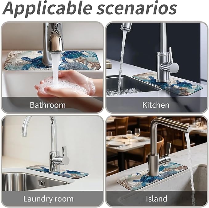 Kitchen Sink Splash Guard,blue turtles,ocean Faucet Mat Sink Gadgets-Super Absorbent Fast Drying Mat Drip Catcher for Kitchen, Bathroom,Sink Mat, Dish Drying Mat, Bathroom(15" X 5.5" )