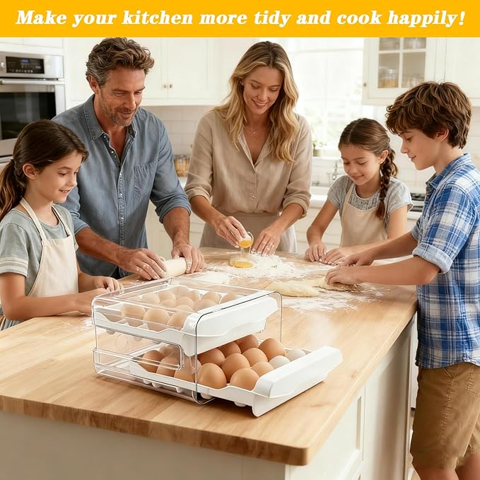 Egg Holder for Refrigerator 2 Tier Clear Stackable Egg Tray with Drawer Space Saving Eggs Storage Container with Handles for Countertop Kitchen Baking (32 Eggs)