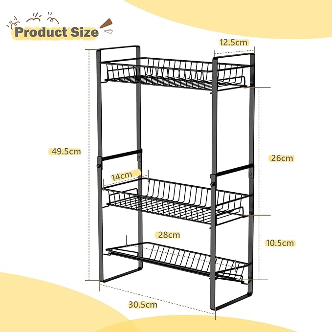 Spice Rack Countertop 3 Tier Narrow Slim Seasoning Storage Rack Metal Spice Shelf Stand Skincare Organiser for Bathroom Counter