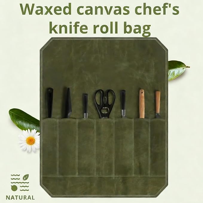 Waxed Canvas Chef Knife Roll Bag | Multi-Slot Protector Professional Organization for Kitchen Tools & Cutlery - Secure Blade Holder Travel Pouch & Multi-Purpose Storage Case