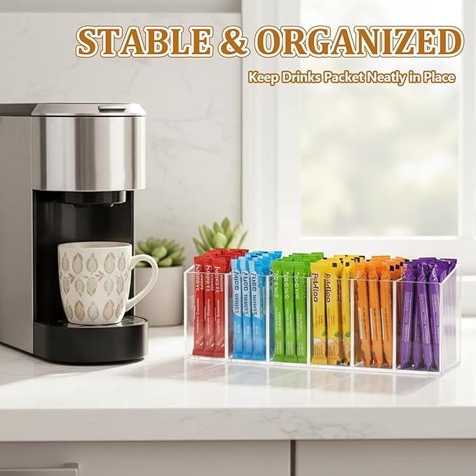 Drink Packet Organizer, Adhesive & Magnetic Water Packet Holder with Removable Divider & 6 Compartment, Clear Acrylic Water Flavor Packet Organization Container for Kitchen Bins Cabinets Organizer