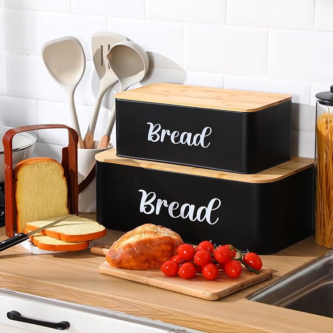 2 Pcs Extra Large Bread Box with Slicer, Metal Farmhouse Bread Storage Container with Bamboo Cutting Board Lids Multi-size Breadbox Set for Kitchen Countertop(Black)