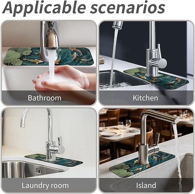 Kitchen Sink Splash Guard,koi fish swimming Faucet Mat Sink Gadgets-Super Absorbent Fast Drying Mat Drip Catcher for Kitchen, Bathroom,Sink Mat, Dish Drying Mat, Bathroom(15" X 5.5" )