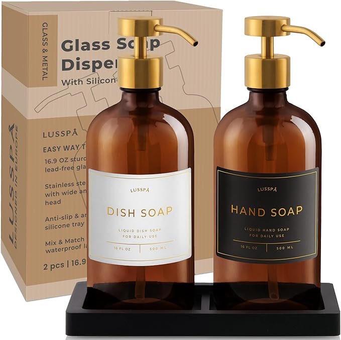 Lotion, Hand & Dish Soap Dispenser for Kitchen & Bathroom | Soap Dispenser Set of 2 16.8 Oz Glass Bottles with Stainless Steel Pump, 15 Water Proof Labels & Silicon Tray (Amber/Gold)