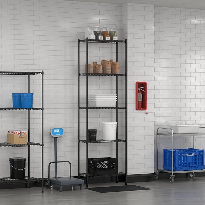 Commercial NSF Listed Black Epoxy Stationary Wire Shelving Kit 14" x 30" x 96", with 5 Shelves Perfect for Warehouse, Walk-in Refrigerator, Freezer, Grocery Store, Restaurant, Dishroom