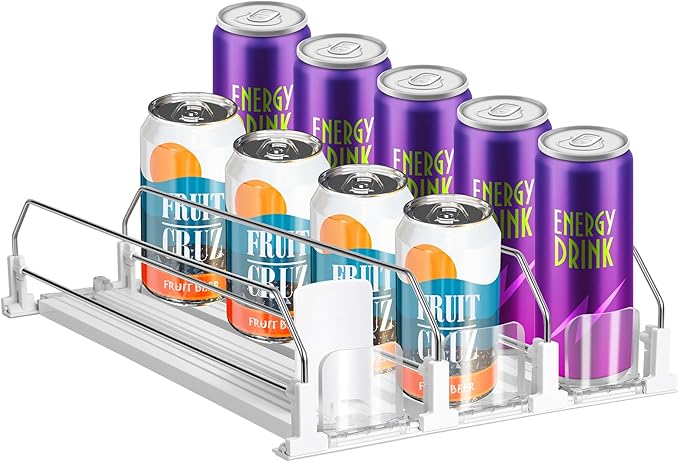 Drink Organizer for Fridge, Adjustable Width Soda Can Dispenser for Refrigerator Organizers and Storage, 3 Rows Beer Bottle Beverage Holder with Pusher Glide (14.96" D, White)
