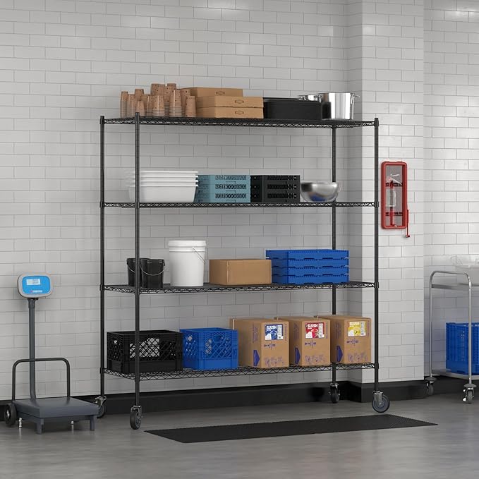 Commercial NSF Listed Black Epoxy Mobile Wire Shelving Kit 24" x 72" x 80", with 4 Shelves Perfect for Warehouse, Walk-in Refrigerator, Freezer, Grocery Store, Restaurant, Dishroom