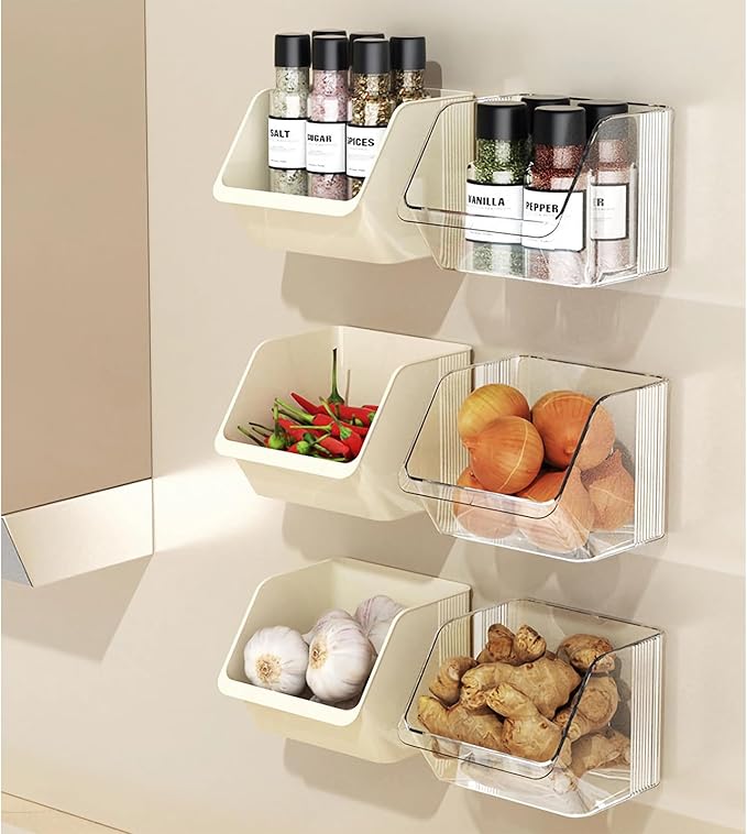3-Pack Small Beige Storage Baskets, Plastic Storage Bins Kitchen Wall Organizer and Acrylic Shelves, Spice Organizer, Adhesive Spice Rack Wall Mount for Countertop/Cabinet/Bathroom