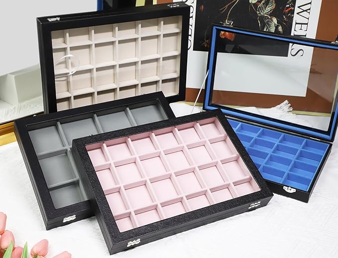 Stratalife Jewelry Organizer 40 Grid Blue Black Jewelry Tray with Clear Dust-proof Lid Velvet Earring Organizer Necklace Rings Holder Display Drawer Storage Case for Women