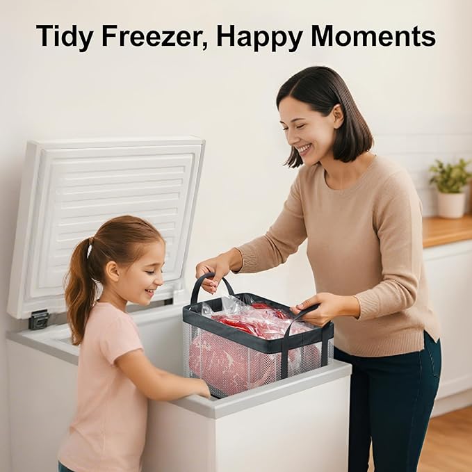 iSPECLE Freezer Organizer Bins, 3 Pack 15" Large Stackable Deep Freezer Organizer Bins for 5 to 7 Cu.Ft Chest Freezer, Sturdy Fabric & Stainless Steel for Meat & Vegetables, Easy Access, White