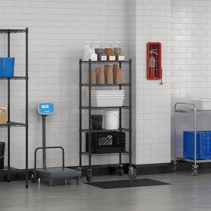 Commercial NSF Listed Black Epoxy Mobile Wire Shelving Kit 12" x 24" x 60", with 5 Shelves Perfect for Warehouse, Walk-in Refrigerator, Freezer, Grocery Store, Restaurant, Dishroom