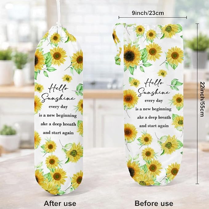 Sunflower Plastic Bag Holder, Hello Sunshine Plastic Bag Holder for Kitchen Essentials, Bags Holders for Plastics Bags Groceries Store, Floral Reusable Trash Sack Storage Dispenser to Home Decor