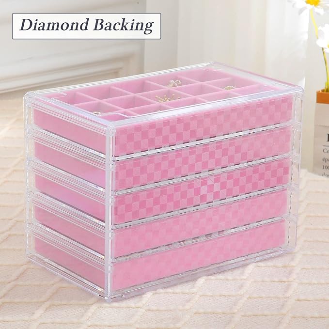 misaya Earring Jewelry Organizer with 5 Drawers, Birthday Present, Clear Acrylic Jewelry Box for Women, Velvet Earring Display Holder for Earrings Only, Pink