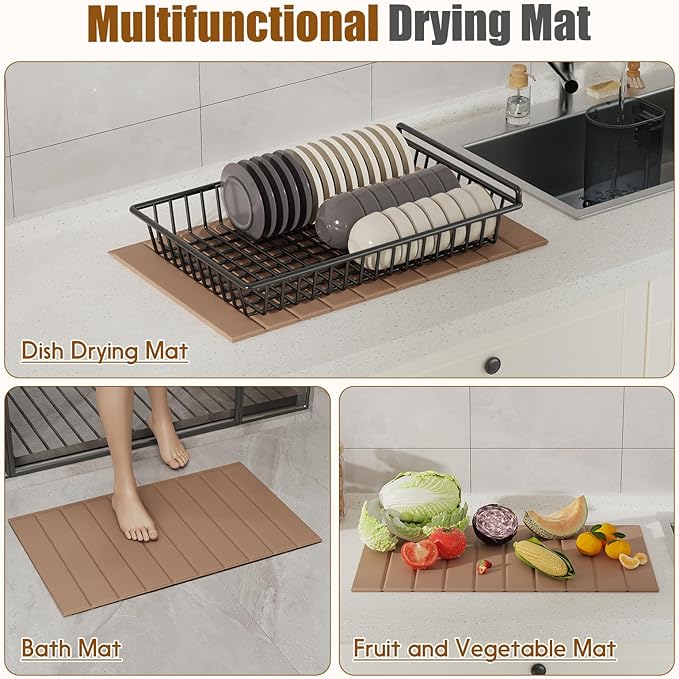 Dish Drying Mat,Stone Drying Mat for Kitchen Counter,Heat Resistant and Super Absorbent Foldable Bath mats,Made of Diatomaceous Earth and Leather.24.8"×15.7" Brown