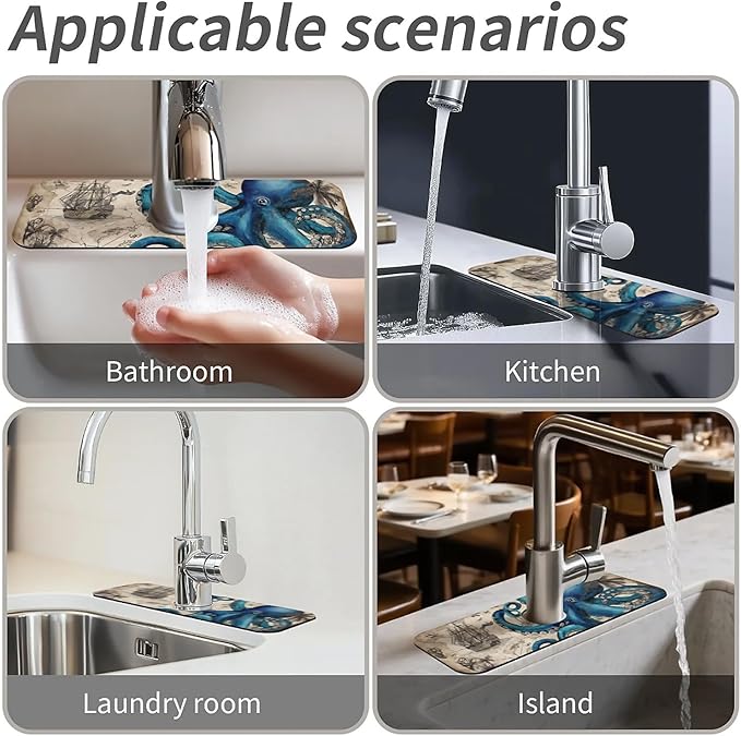 Kitchen Sink Splash Guard,Blue octopus and map Faucet Mat Sink Gadgets-Super Absorbent Fast Drying Mat Drip Catcher for Kitchen, Bathroom,Sink Mat, Dish Drying Mat, Bathroom(15" X 5.5" )