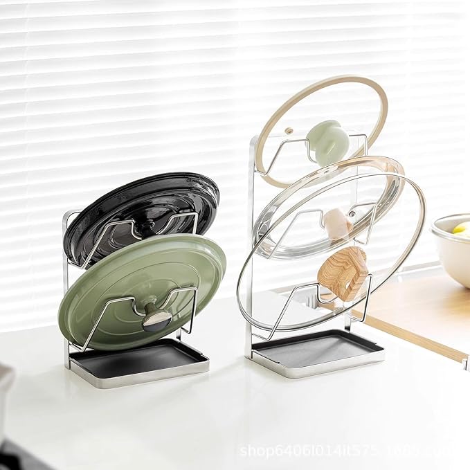 304 Stainless Steel Pot Lid Holder with Drip Tray- Pot Lid Rack While Cooking - Multifunctional Pot Lid & Cutting Board Holder - Kitchen Pot Lid Storage Rack