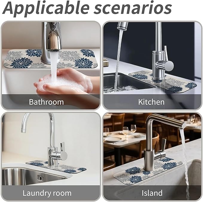 Kitchen Sink Splash Guard,Navy and gray floral Faucet Mat Sink Gadgets-Super Absorbent Fast Drying Mat Drip Catcher for Kitchen, Bathroom,Sink Mat, Dish Drying Mat, Bathroom(15" X 5.5" )