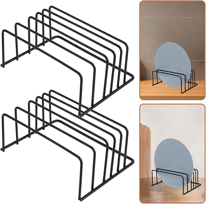 2PCS Metal Kitchen Organizer Rack Adjustable Compartments Pot Lid Holder and Vertical Plate Stand for Cabinet Storage Cutting Board and Baking Sheet Organizer