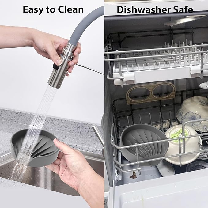 Self Draining Soap Dish, Silicone Soap Holder with Suction Cup and Drain Spout, Kitchen Bathroom Sink Organizer, Dish Soap Bar Tray Savers Sponge Holder, Perfect for Dispenser, Scrubber, Bottle, Cup