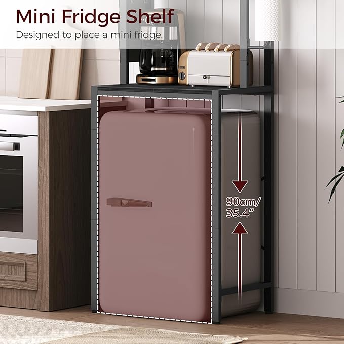 Bakers Rack with Mini Fridge Shelf, 3-Tier Microwave Stand, Coffee Bar Station with Paper Holder, Freestanding Kitchen Storage Rack, for Kitchen, Black BRBK5401