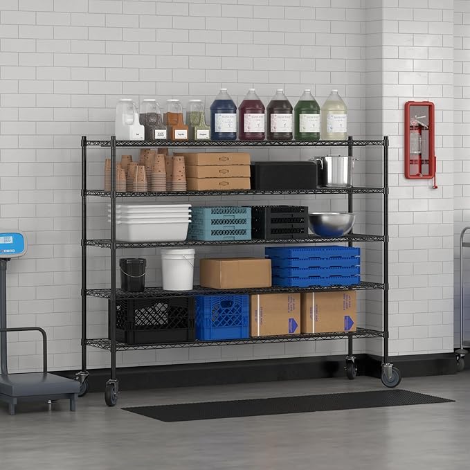 Commercial NSF Listed Black Epoxy Mobile Wire Shelving Kit 18" x 72" x 60", with 5 Shelves Perfect for Warehouse, Walk-in Refrigerator, Freezer, Grocery Store, Restaurant, Dishroom