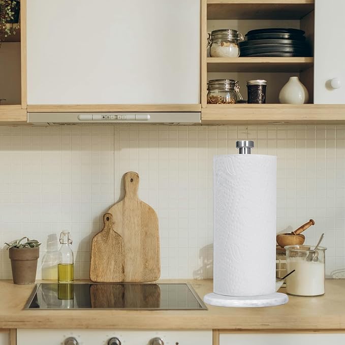 Paper Towel Holder with Marble Base - 13" x 7" Upright Paper Roll Dispenser with Heavy Non-Slip Base for Easy One-Handed Tear - for Countertops, Cabinets, and Bathrooms