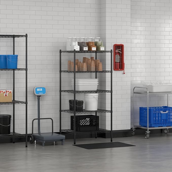 Commercial NSF Listed Black Epoxy Stationary Wire Shelving Kit 24" x 30" x 64", with 5 Shelves Perfect for Warehouse, Walk-in Refrigerator, Freezer, Grocery Store, Restaurant, Dishroom