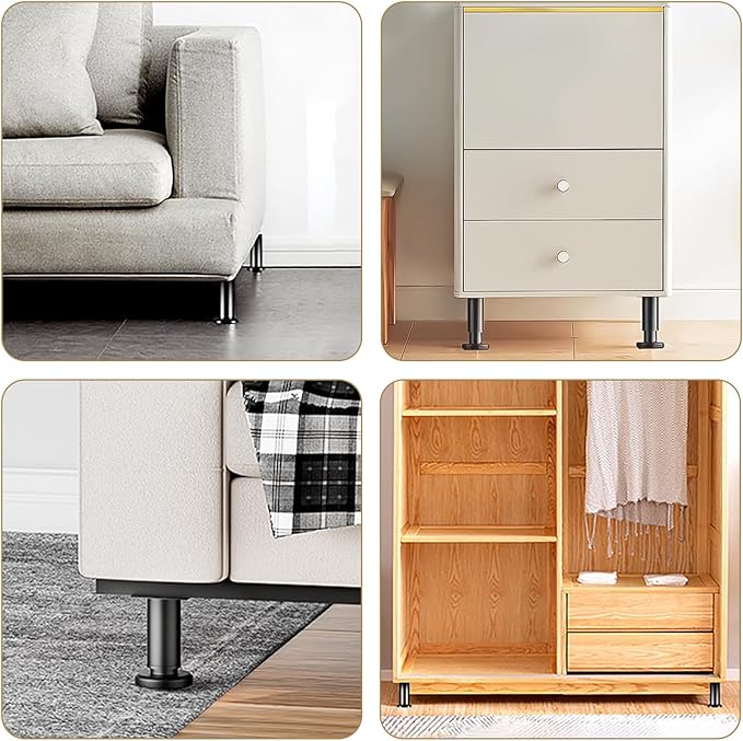 4 Pcs Metal Furniture Legs, 4.7-7 Inch Black Adjustable Furniture Legss, Adjustable Height Bed Support Legs for Bed Frame Support Legss, Sofa Couch Dresser Table Bed Cabinet Feet