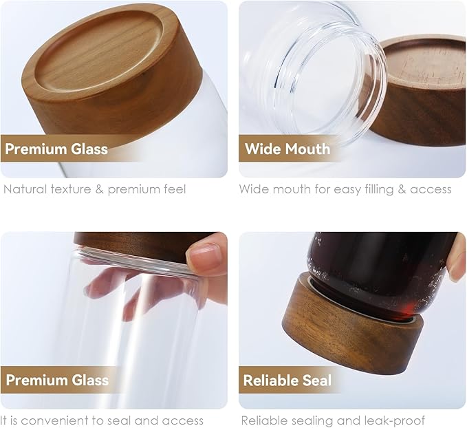 2-Pack 13 oz Glass Mason Jars with Acacia Wood Lids - Sealable, Leakproof, Clear & Stackable Food Storage Containers for Spices, Meal Prep, Flour, Sugar & Snack Storage