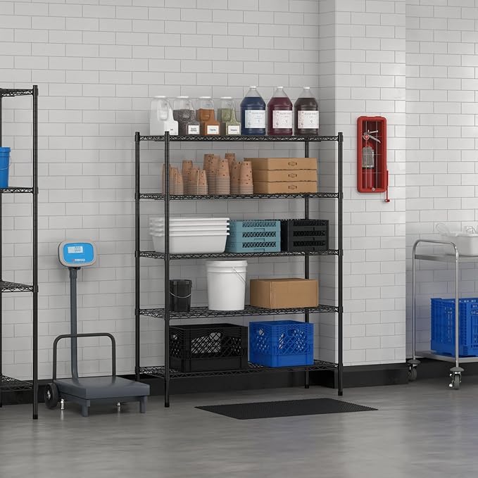 Commercial NSF Listed Black Epoxy Stationary Wire Shelving Kit 18" x 48" x 64", with 5 Shelves Perfect for Warehouse, Walk-in Refrigerator, Freezer, Grocery Store, Restaurant, Dishroom