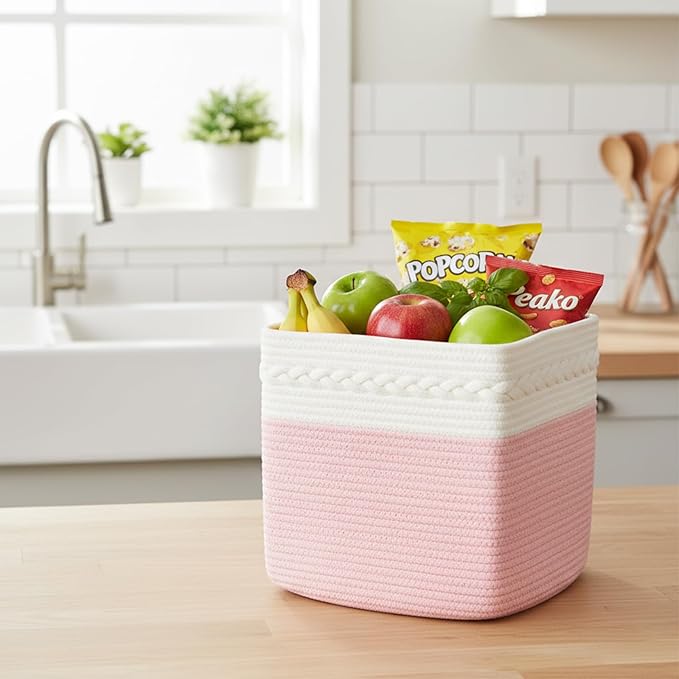 danpinera Storage Cubes, 13 Inch Cube Storage Organizer, 3-Pack, Cotton Rope Woven Baskets for Shelves Organizer, Classroom, Kitchen, Laundry, Closet, Baby Nursery, 13x13x13IN, White & Pink