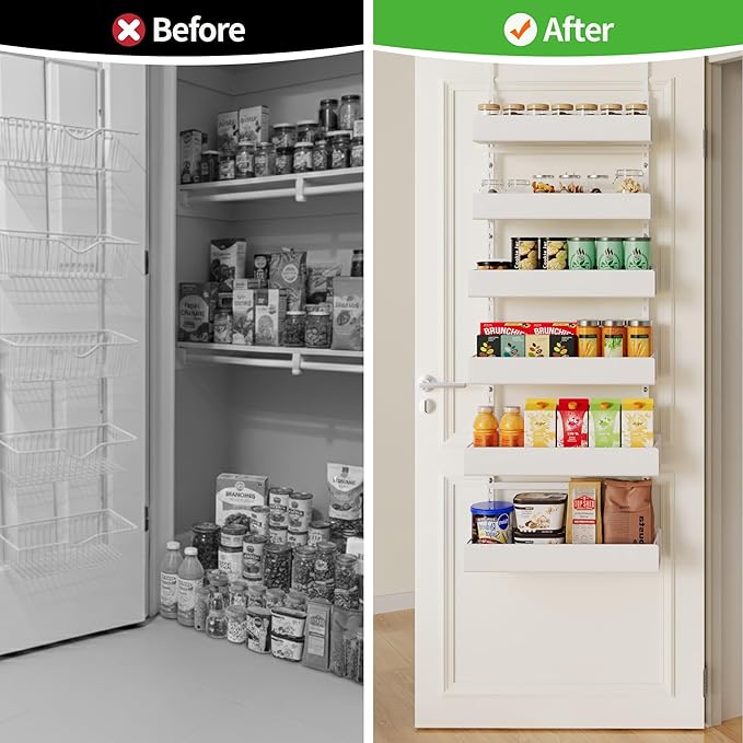 Over The Door Pantry Organizer, 6-Tier Pantry Organization and Storage, Hanging Spice Rack, Pantry Door Organization for Home Office Laundry Room Bathroom, White