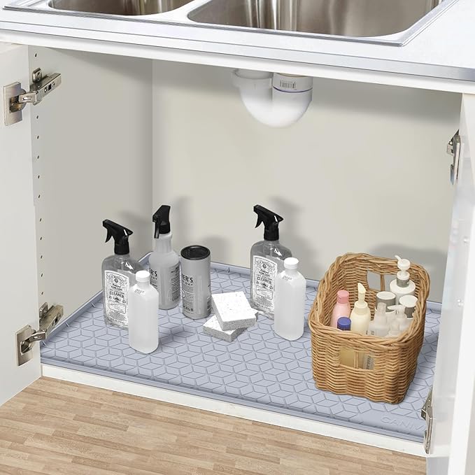 CANIVI Under Sink Mat, 34" x 19" Waterproof Silicone Under Sink Tray for Kitchen & Laundry Cabinets, Kitchen Cabinet Shelf Protector, Up to 3.3 Gallons Liquid, Fits 36 inch Standard Cabinet Light Grey