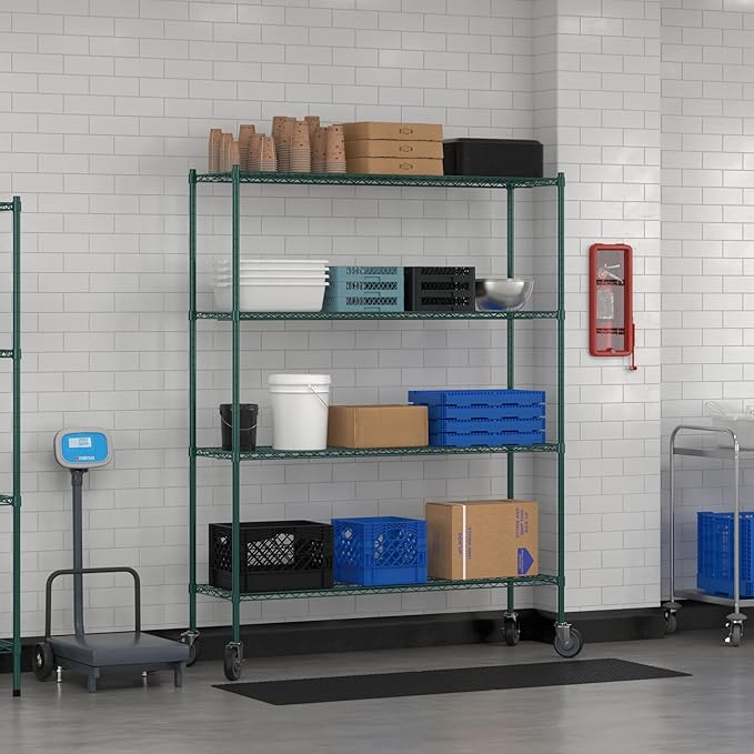 Commercial NSF Listed Green Epoxy Mobile Wire Shelving Kit 18" x 60" x 80", with 4 Shelves Perfect for Warehouse, Walk-in Refrigerator, Freezer, Grocery Store, Restaurant, Dishroom