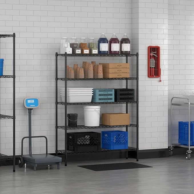 Commercial NSF Listed Black Epoxy Stationary Wire Shelving Kit 14" x 48" x 64", with 5 Shelves Perfect for Warehouse, Walk-in Refrigerator, Freezer, Grocery Store, Restaurant, Dishroom