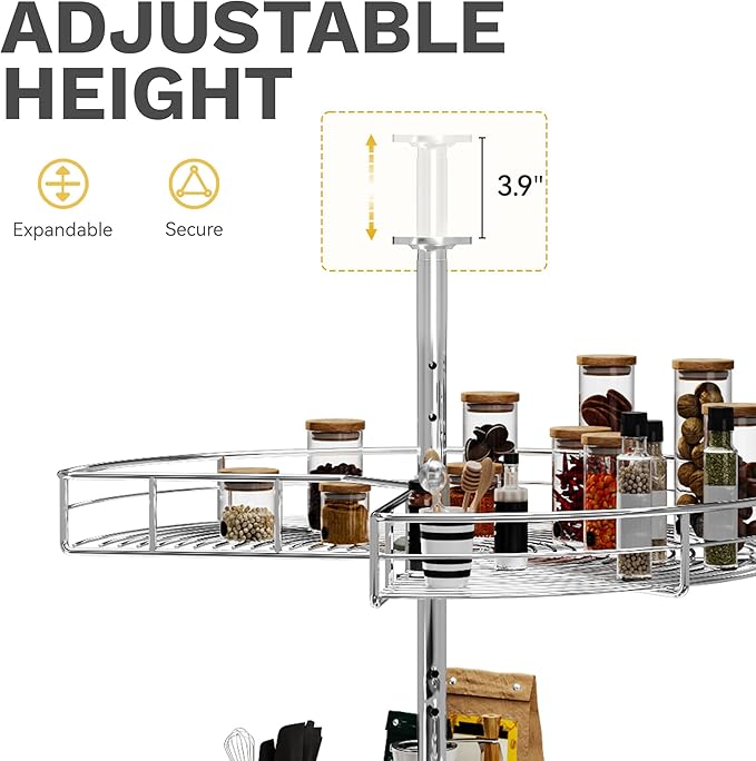 DWVO 31-Inch 2-Tier Lazy Susan Turnable for Cabinet, Rotating 2-Shelf Lazy Susan Corner Organizer with Adjustable Height for Kitchen Pantry, Chrome-Plated Double Spinning Corner Organizer, Silver