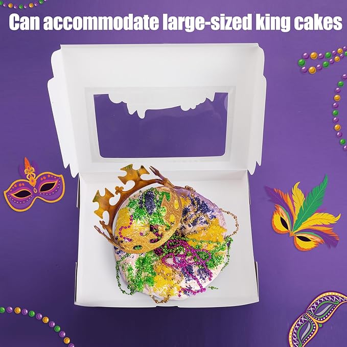 Ctosree 24 Pcs Mardi Gras King Cake Boxes with Window 14 x 10 x 3 Inches Cake Box Rectangle Cake Box Masquerade Party Goodie Gable Boxes for Mardi Gras Cake Decorating Supplies (Square Skylight)