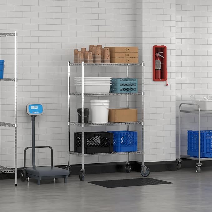 Commercial NSF Listed Chrome Mobile Wire Shelving Kit 18" x 36" x 60", with 4 Shelves Perfect for Warehouse, Walk-in Refrigerator, Freezer, Grocery Store, Restaurant, Dishroom