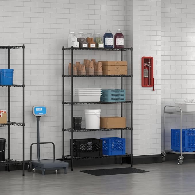 Commercial NSF Listed Black Epoxy Stationary Wire Shelving Kit 14" x 42" x 74", with 5 Shelves Perfect for Warehouse, Walk-in Refrigerator, Freezer, Grocery Store, Restaurant, Dishroom