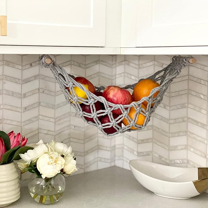 Fruit Hammock - Hanging Fruit Basket - Produce and Veggie Storage for Kitchen Under Cabinet - Banana Hook - Macrame Boho Modern (Grey)