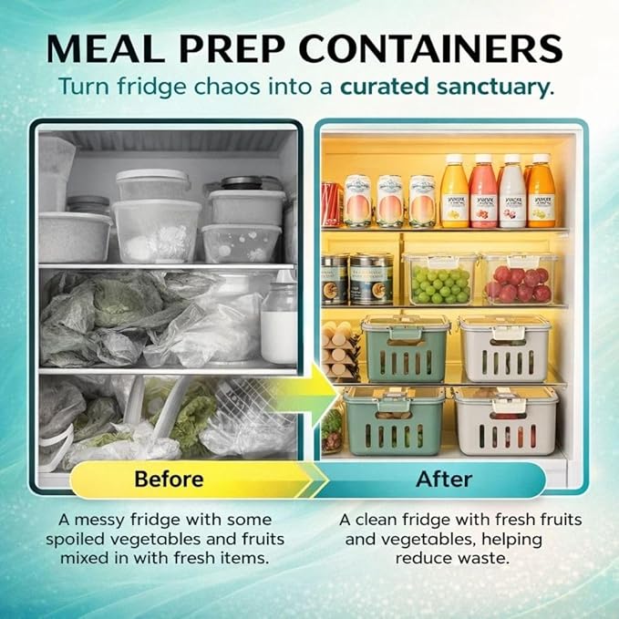 DAZZLEREE Fruit Containers for Fridge Keep Fresh, 5-Pack Produce Containers for Fridge with Lids, Meal Prep Containers, Food Organizer with Removable Colander, Microwave & Dishwasher Safe (Cream)