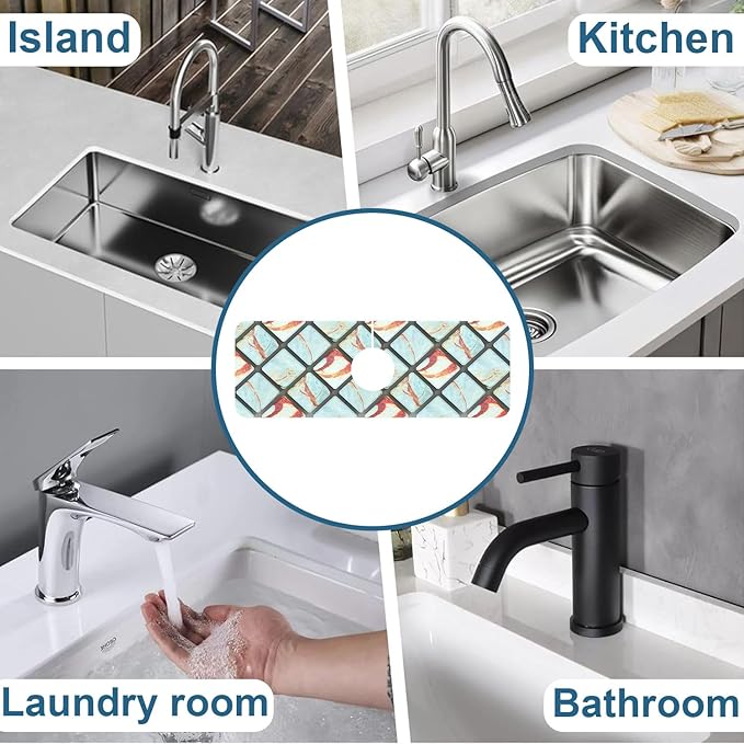 Rendering Marble Sink Splash Guard Faucet Mat Blue Wall Tiles Super Absorbent Fast Drying Mat Sink Gadgets-Splash Guard Behind Faucet Drip Catcher for Kitchen Bathroom, 15.5"x5.5"