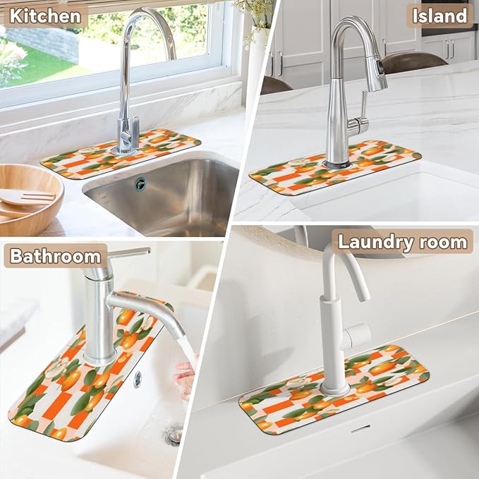Orange Leaf Grid Pattern Kitchen Faucet Mat Splash Guard, 15.4”x5.7” Absorbent Quick Drying Sink Mat for Countertop Protection, Draining Mat Sink Protectors For Kitchen Bathroom, 2 Pack