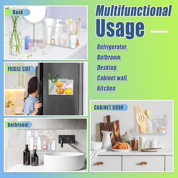 6 Pack Plastic Adhesive Mount Cabinet Door Organizer Bins Clear Wall Mounted Storage Organization Container Makeup Shelves Hanging Basket for Kitchen, Bathroom, Pantry, Space Saving Holder