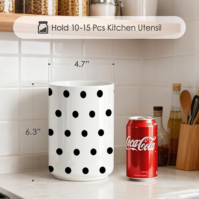 Black polka dot cutlery rack,ceramic spatula rack,countertop ceramic cutlery rack,large cooking utensil jars,countertop decorative vase, kitchen utensil storage jars,6.3 inches + 4.7 inches(polka dot)