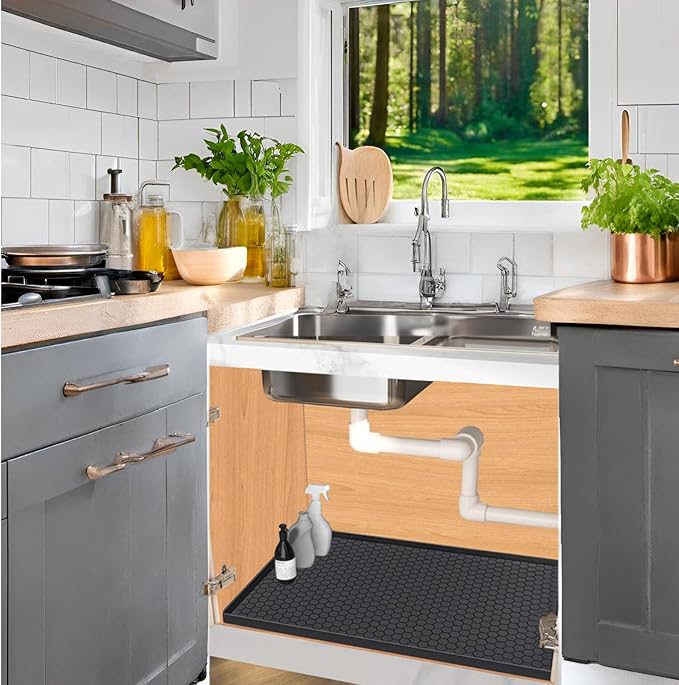 Jacooxi Under Sink Mat 31 x 22, Silicone Under Sink Liner for Kitchen Waterproof Bathroom Cabinet Mat, Black