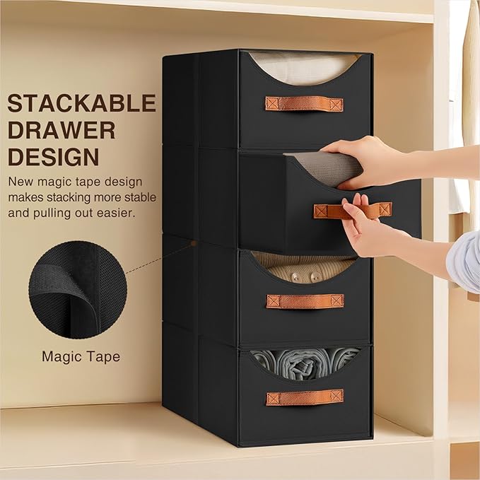 Stackable Storage Drawers - Collapsible Storage Bins with Drawers, 4 Pack Closet Shelf Organizer Basket, Fabric Pull Out Organizer for Bedroom, Living Room, Dorm, Black