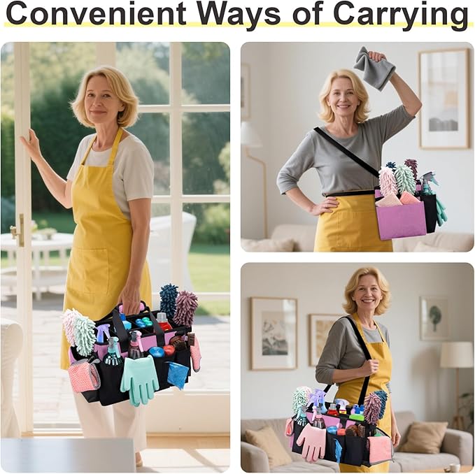 Wigojoy Wearable Large Cleaning Caddy Bag for Housekeeper, Clean Supply Organizer with Adjustable Shoulder, Waist & Handle Straps, Detailing Bag for Kitchen Supplies (Pink)