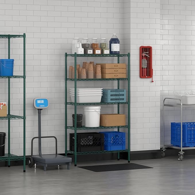 Commercial NSF Listed Green Epoxy Stationary Wire Shelving Kit 14" x 36" x 64", with 5 Shelves Perfect for Warehouse, Walk-in Refrigerator, Freezer, Grocery Store, Restaurant, Dishroom