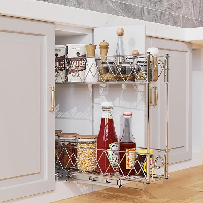 Narrow Pull Out Cabinet Organizer - 5" W x 21" D, 2-Tier Kitchen Cabinet Drawer Slide Out Shelves, Chrome